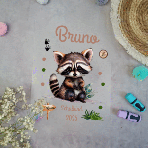 Bügelbild für Schultüte mit Waschbär Pfadfinder Namen / Datum A4
