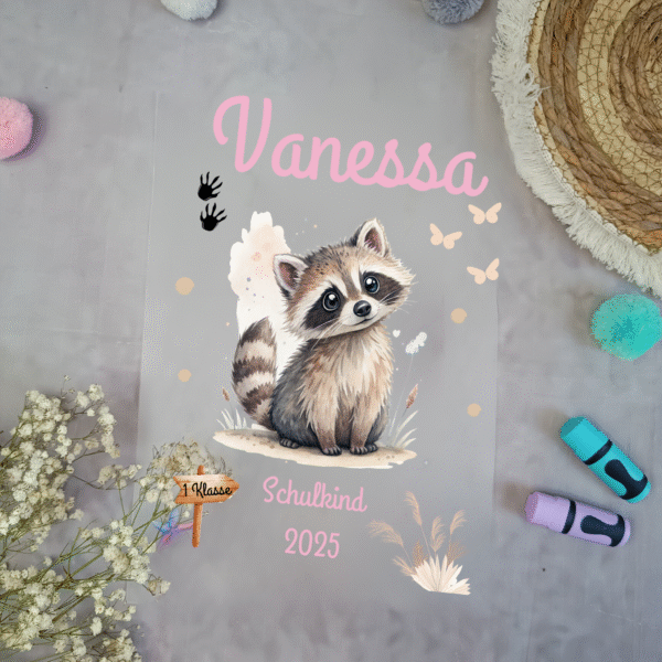 Bügelbild für Schultüte mit Waschbär Mädchen Boho Namen / Datum A4
