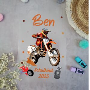 Bügelbild Motorcross für Schultüte mit Namen / Datum A4