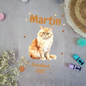 Bügelbild für Schultüte Flauschige Katze mit Namen / Datum A4