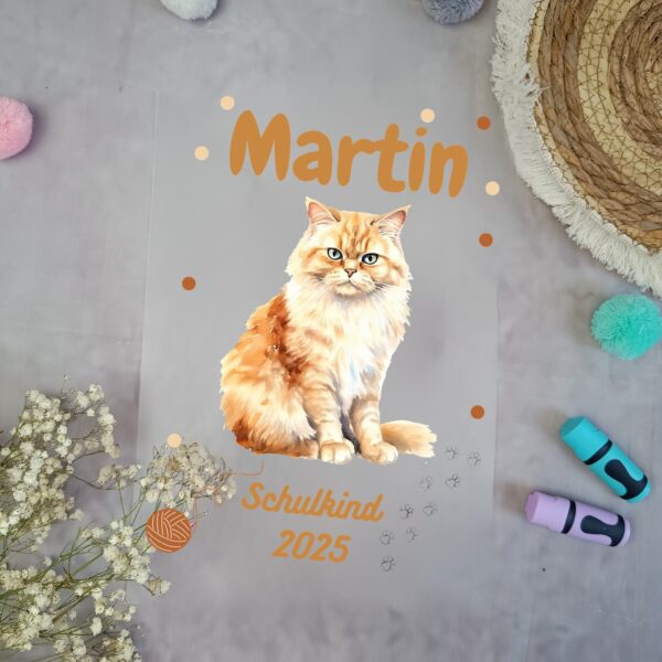 Bügelbild für Schultüte Flauschige Katze mit Namen / Datum A4