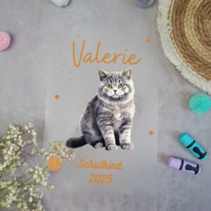 Bügelbild für Schultüte Graue Katze mit Namen / Datum A4
