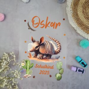 Bügelbild Gürteltier für Schultüte mit Namen / Datum A4
