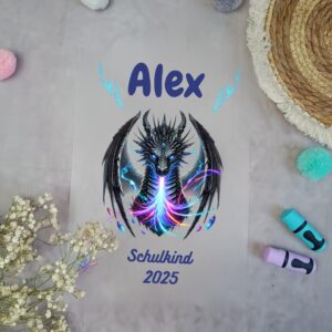 Bügelbild Drache mit  Blitze  für Schultüte mit Namen / Datum A4