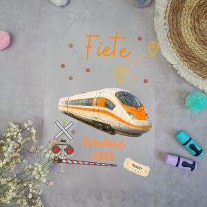 Bügelbild Schultüte Schnellzug Orange A4 DIY Aufbügler für Jungen Eisenbahn Motiv zum Schulstart mit Anleitung