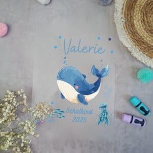 Bügelbild Blauer Wal für Schultüte mit Namen / Datum A4