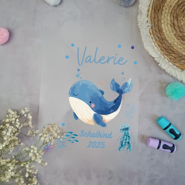 Bügelbild Blauer Wal für Schultüte mit Namen / Datum A4