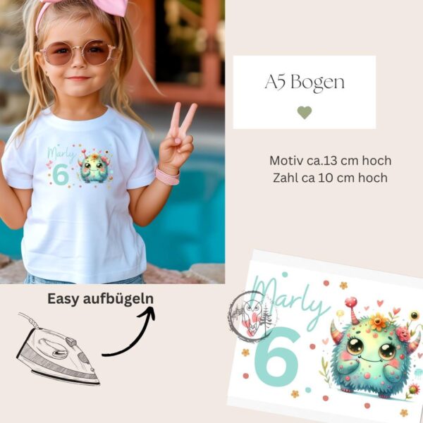 Bügelbild für Geburtstags T-shirt Monsterchen Türkis mit Namen Zahl – Bild 2