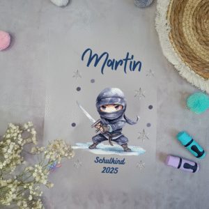 Bügelbild für Schultüte mit Ninja Schwarz Blau Namen / Datum A4