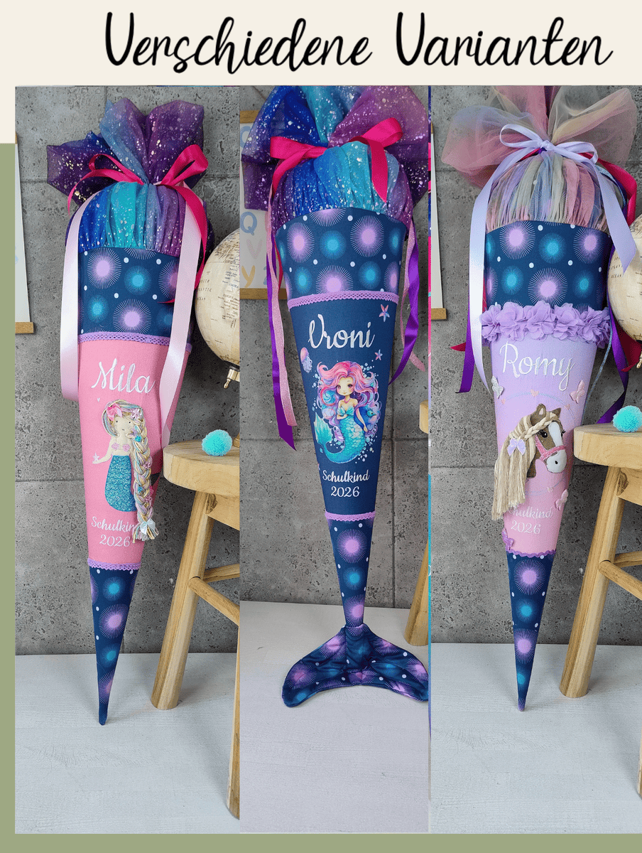 Schultüte zum Mermaid Delia mit verschiedenen Motiven  Namen und Tüll