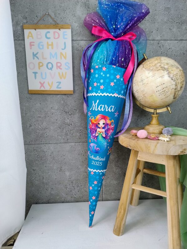Schultüte zum Mermaid Lola mit Bunter Nixe mit Tüll