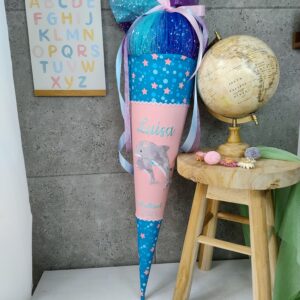 Schultüte zum Mermaid Lola mit Delfin mit Tüll