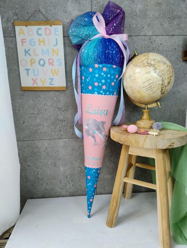 Schultüte zum Mermaid Lola mit Delfin mit Tüll