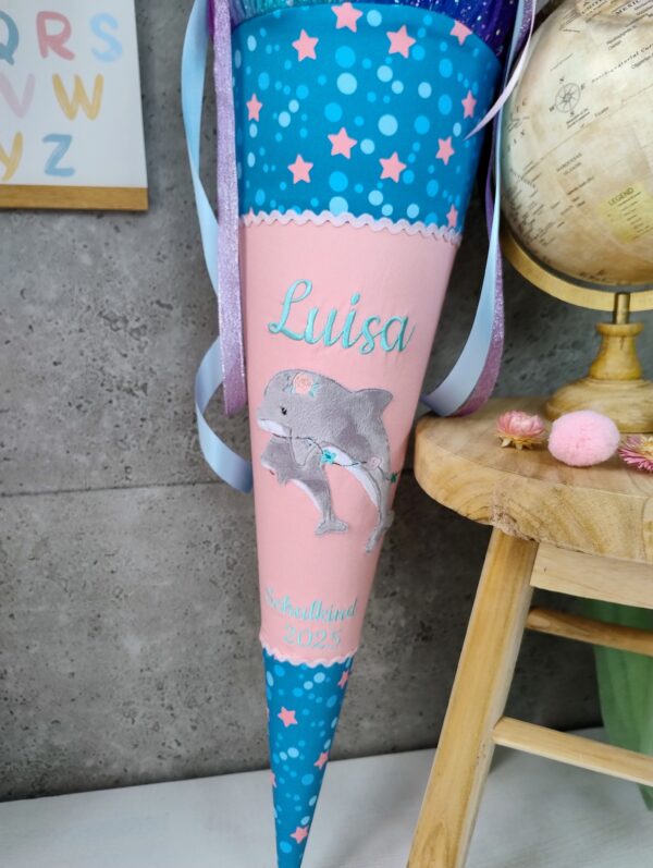 Schultüte zum Mermaid Lola mit Delfin mit Tüll – Bild 3