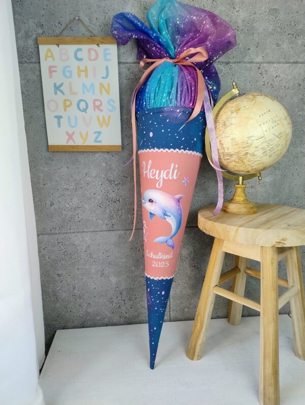 Schultüte zum Seahorse Zoe mit Delfin, Tüll und Namen