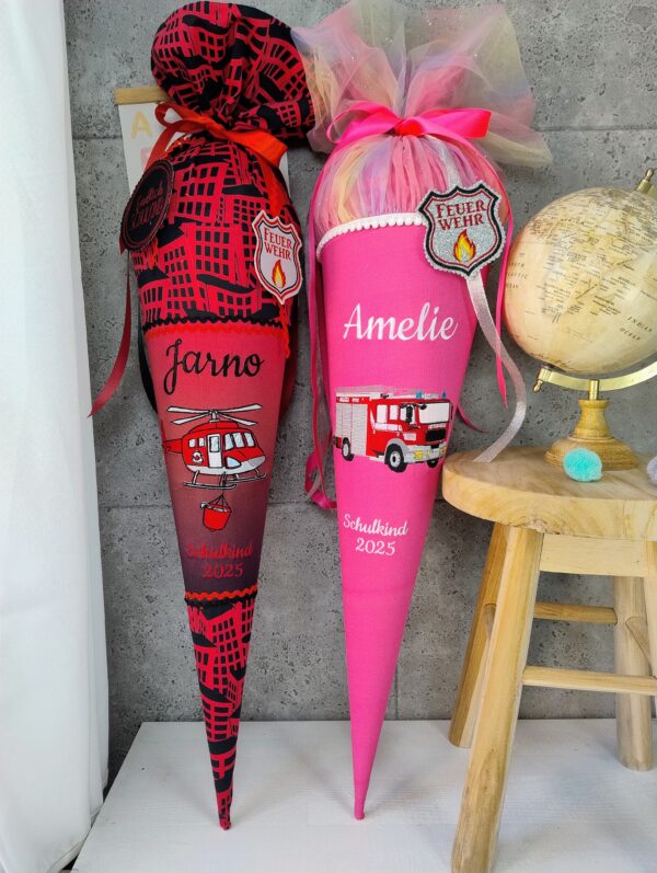 Schultüte mit Feuerwehr in Pink mit Namen und Tüll – Bild 3
