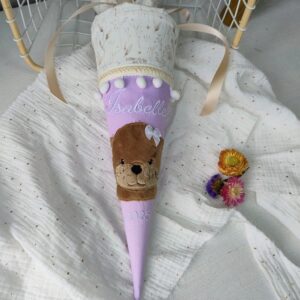 Kita Tüte mit Otter Flieder Farben Stoff Geschwistertüte klein mit Stickerei - Schultüte 35 cm mit Papprohling und Bändern für Mädchen zum Kita Start