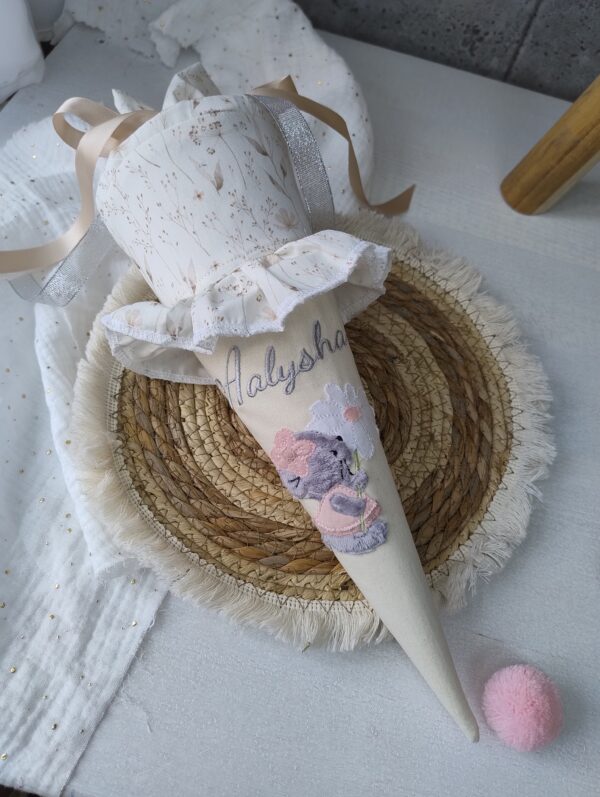 Kita Tüte Boho Maus Stoff Geschwistertüte klein mit Stickerei - Schultüte 35 cm mit Papprohling und Bändern für Mädchen zum Kita Start – Bild 2