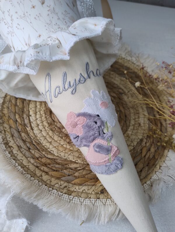 Kita Tüte Boho Maus Stoff Geschwistertüte klein mit Stickerei - Schultüte 35 cm mit Papprohling und Bändern für Mädchen zum Kita Start – Bild 3