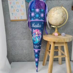 Schultüte zum Mermaid Delia mit Meerjungfrau Namen und Tüll