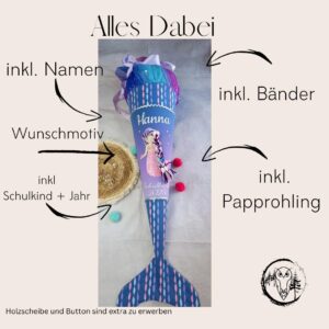 Schultüte zum Mermaid Bella mit Merjungfrau und Flosse