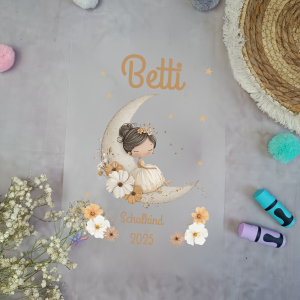 Bügelbild für Schultüte Mond Prinzessin – personalisiert mit Name / Datum | Aufbügler Einschulung A4