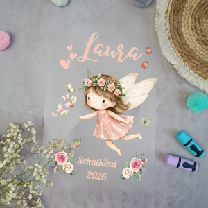 Bügelbild für Schultüte Fee mit Blumen  – personalisiert mit Name / Datum | Aufbügler Einschulung A4