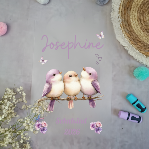 Bügelbild für Schultüte 3 Vögel  – personalisiert mit Name / Datum | Aufbügler Einschulung A4