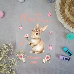 Bügelbild für schultüte Hase mit Blumenkranz A4 mit Namen und Datum