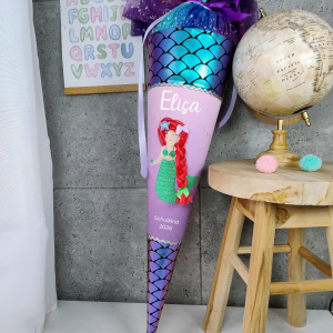 Schultüte mit Meerjungfrau  mit 3 D Haaren und Tüll auf wunsch mit Namen Einzelstück