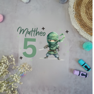 Bügelbild für Geburtstags T-shirt Ninja grün mit Namen Zahl