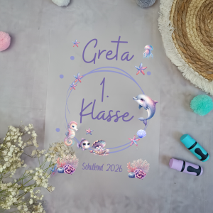 Bügelbild 1 Klasse mit Meerestieren Delfin Lila für Schultüte mit Namen A4
