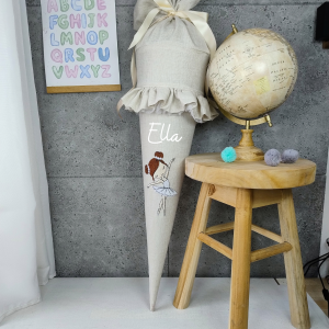 Schultüte in Leinenoptik mit Ballerina schöner Rüsche Schlicht Boho mit Namen