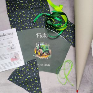 Nähset Schultüte zum Bagger Rocco aus Stoff mit Namen Rohling Anleitung Bändern und Traktor