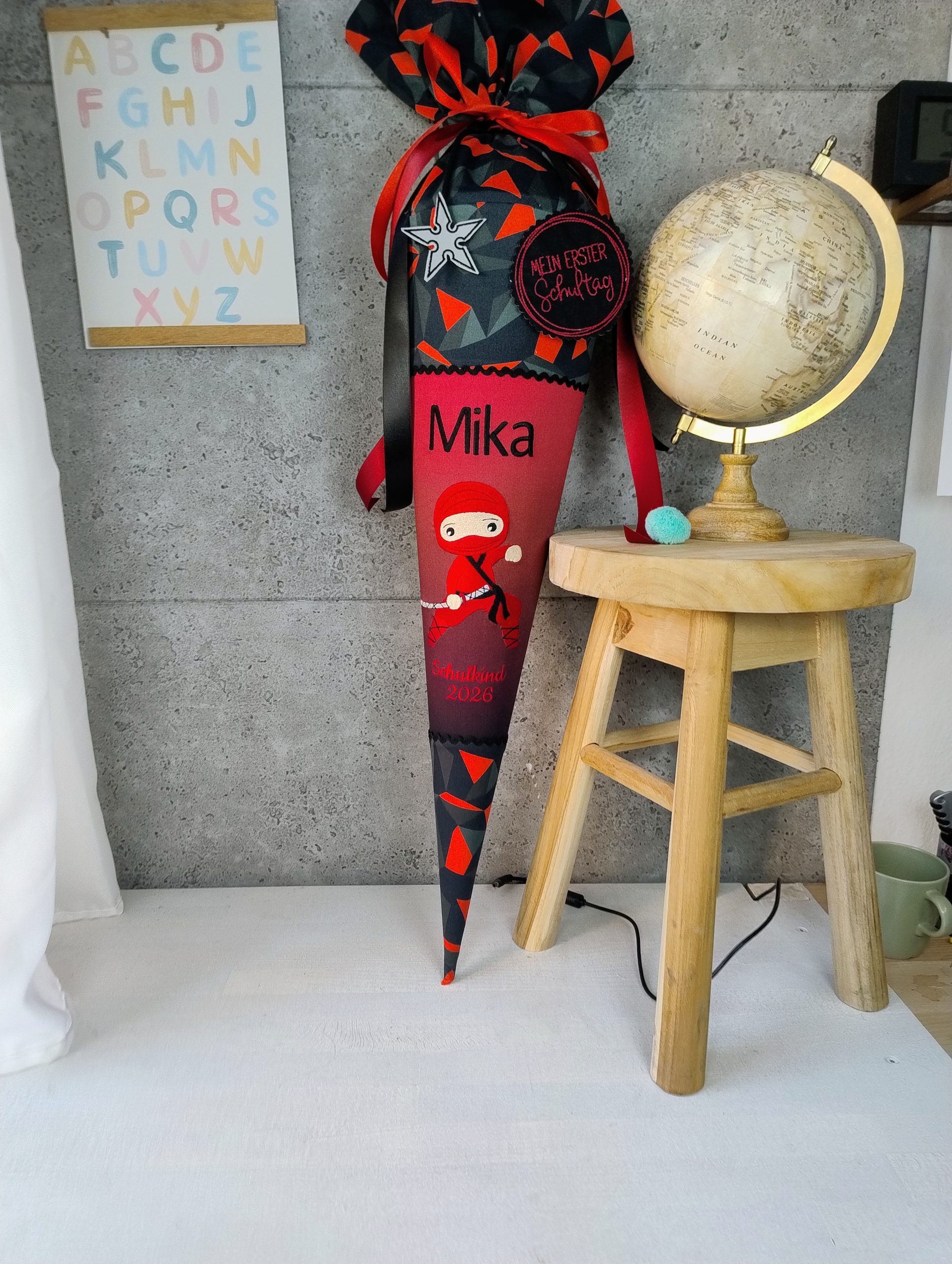 Schultüte zum Teakbärdo mit Ninja und Namen personalisiert -rot