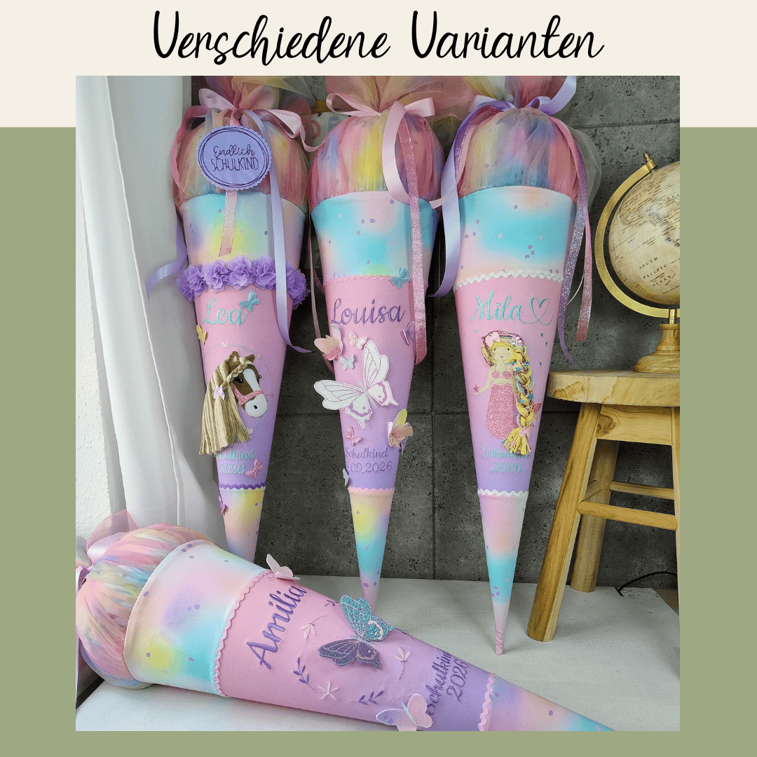 Schultüte zum step by step butterfly Luna Varianten mit  Regenbogen Tüll personalisiert
