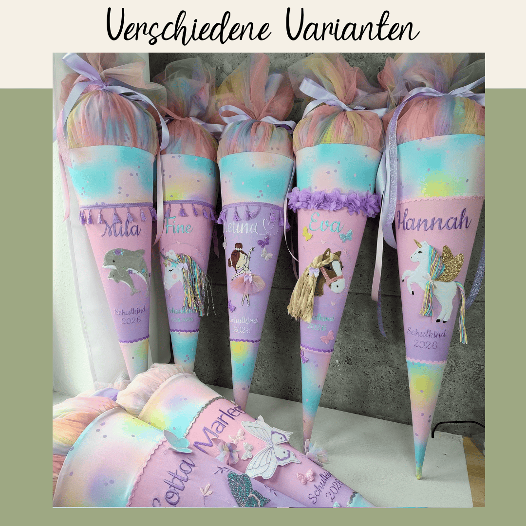 Schultüte zum step by step butterfly Luna Varianten mit  Regenbogen Tüll personalisiert