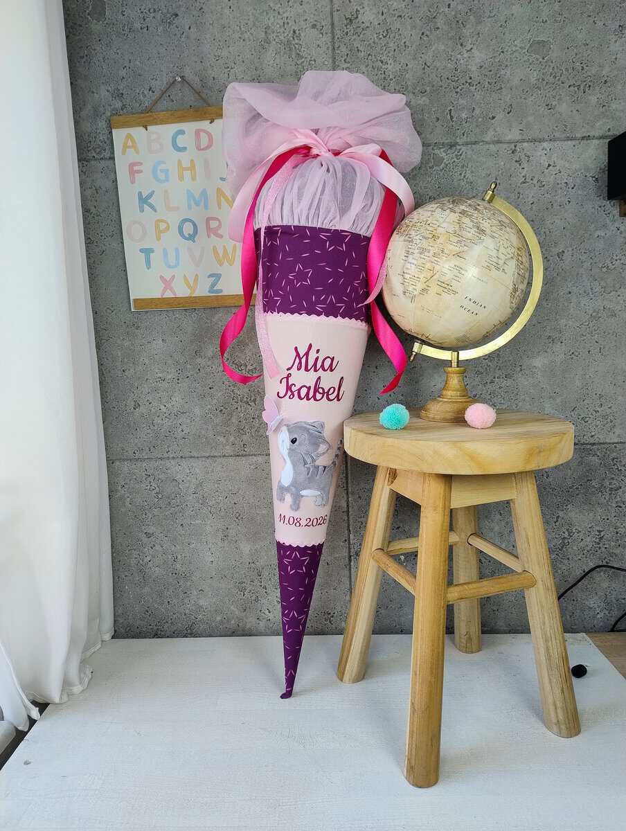 Schultüte zum Pretty Unicorn Nuala mit Katze und 3 D Schmetterling Tüll und Namen