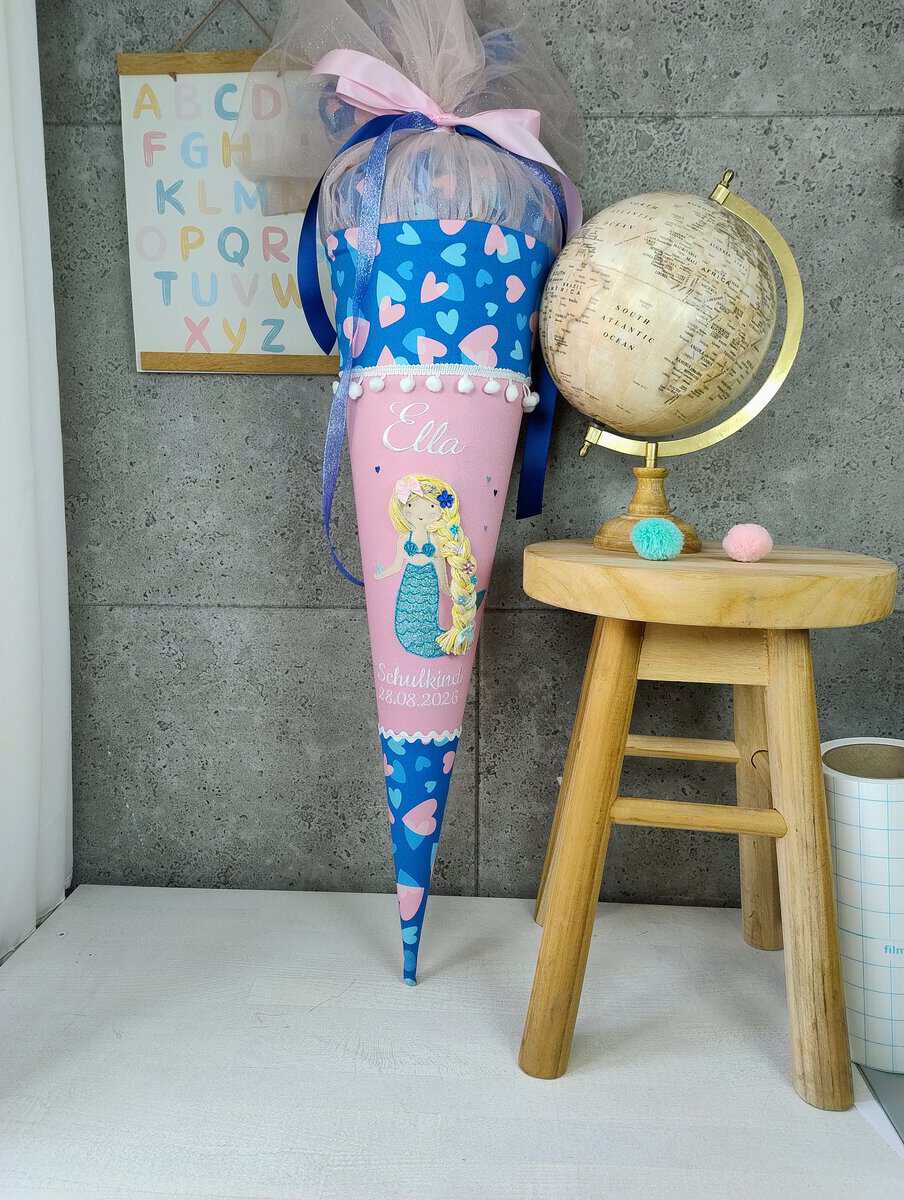 Schultüte zum Seashell Pearl mit 3d Meerjungfrau und Tüll und Namen