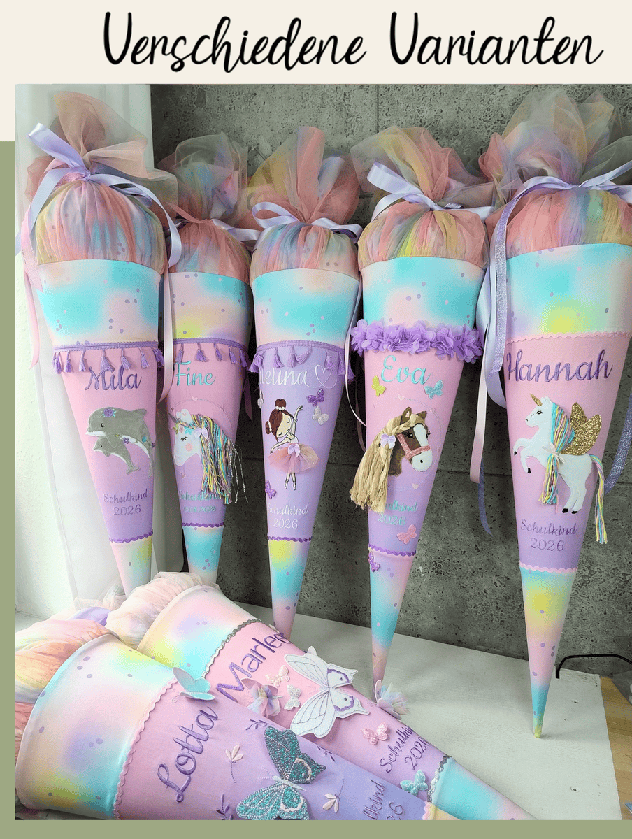 Schultüte zum step by step butterfly Luna Varianten mit Regenbogen Tüll personalisiert